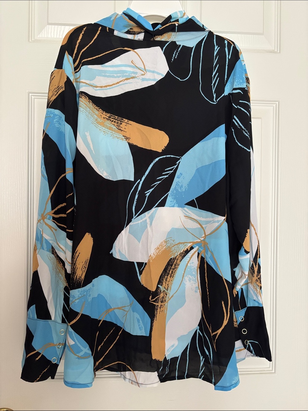 Worthington Black/Blue Button-Down Tie-Neck Blouse - Picture 4 of 5